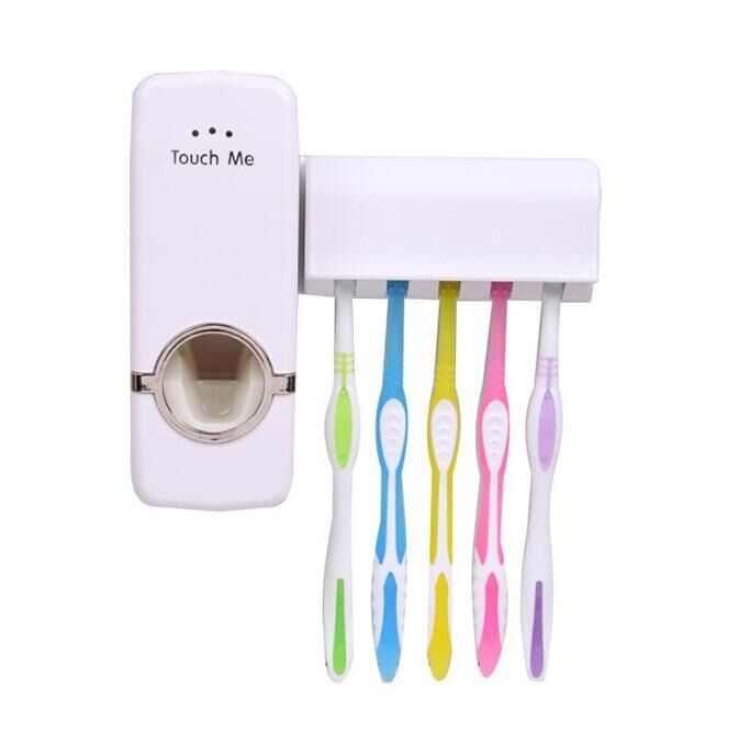 White Automatic Toothpaste Dispenser + 5 Toothbrush Holder Set Wall Mount Stand